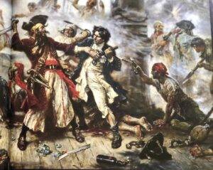صحنه‌ای از نبرد بلک بیرد با رابرت مینارد در خلیج اوکراکوک 1718